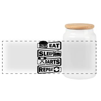 Dart,Darts,Eat Sleep Darts Repeat - Panoramic Cookie Jar with Wooden Lid - white - Front