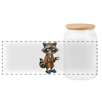 Tired raccoon with coffee – Sweet morning motif - Panoramic Cookie Jar with Wooden Lid - white - Front