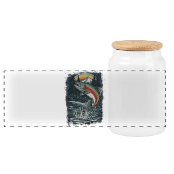 Springende Regenbogenforelle – Retro Anglermotiv - Panorama Keksdose mit Holzdeckel - Weiß - Vorne