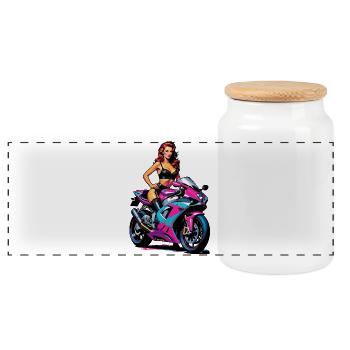 Pin-up-Mädchen auf Rennrad - Panorama Keksdose mit Holzdeckel - Weiß - Vorne