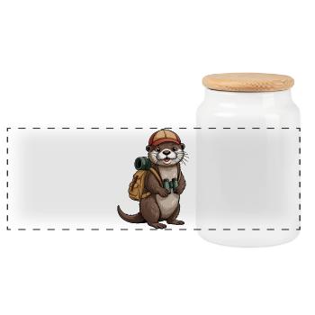 Otter in trekking look - Panoramic Cookie Jar with Wooden Lid - white - Front