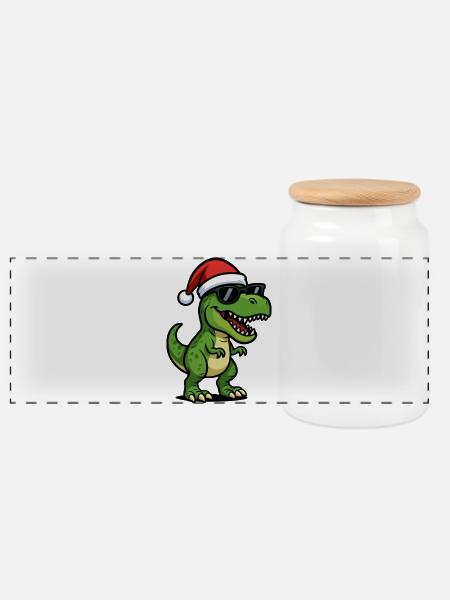 T-Rex Santa mit Sonnenbrille - Panorama Keksdose mit Holzdeckel - Weiß