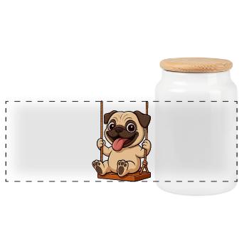 Cute Pug Cartoon Playground Friendship Panting - Panoramic Cookie Jar with Wooden Lid - white - Front