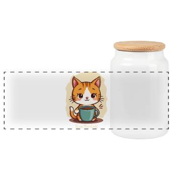 Slow morning cat with coffee - Panoramic Cookie Jar with Wooden Lid - white - Front