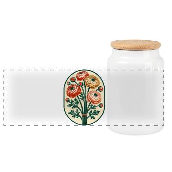 Vintage Ranunculus Bouquet Crest - Panoramic Cookie Jar with Wooden Lid - white - Front
