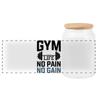 Fitness Motivation – Gym Life No Pain No Gain - Panoramic Cookie Jar with Wooden Lid - white - Front