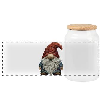 Gnome in embroidered look (printed) - Panoramic Cookie Jar with Wooden Lid - white - Front