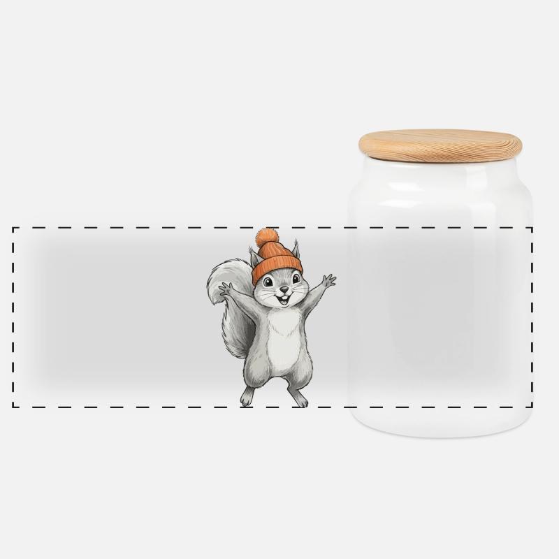 Eichhörnchen mit Mütze - Panorama Keksdose mit Holzdeckel - Weiß