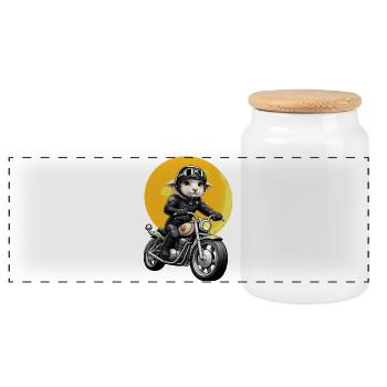 Motorcycle sheep in leather look - Panoramic Cookie Jar with Wooden Lid - white - Front