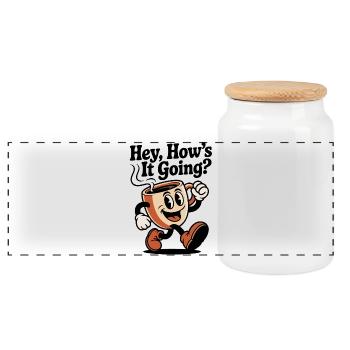 Running Coffee Mug Mascot - Panoramic Cookie Jar with Wooden Lid - white - Front