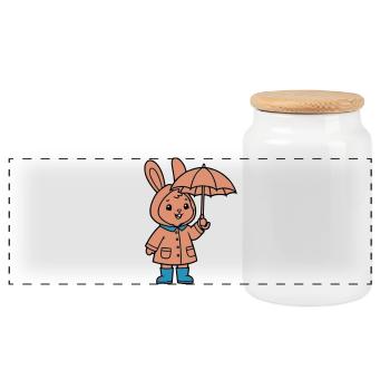Niedlicher Hase Regenmantel Schirm - Panorama Keksdose mit Holzdeckel - Weiß - Vorne