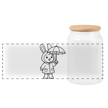Cute Bunny Raincoat Umbrella Vector - Panoramic Cookie Jar with Wooden Lid - white - Front