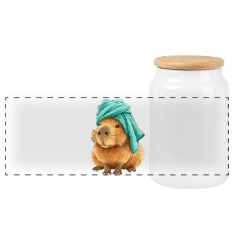 Capybara with cloth - Panoramic Cookie Jar with Wooden Lid - white - Front