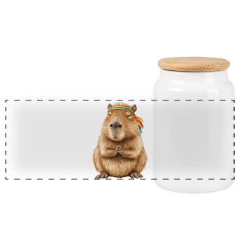 Capybara in meditation pose with headband - Panoramic Cookie Jar with Wooden Lid - white - Front