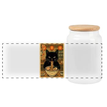 schwarz essen Katzen-Ramen-Bowl - Panorama Keksdose mit Holzdeckel - Weiß - Vorne