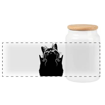 Metal Cat – Rock Hand Sign Silhouette - Panoramic Cookie Jar with Wooden Lid - white - Front