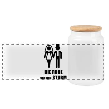 The Calm Before the Storm (Wedding Bridal Couple Bachelor Party B) - Panoramic Cookie Jar with Wooden Lid - white - Front