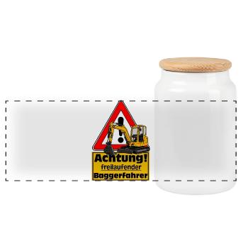 Achtung Baggerfahrer , Fun Shirt Sticker - Panorama Keksdose mit Holzdeckel - Weiß - Vorne