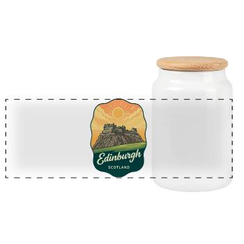 Edinburgh Castle Scotland Vintage Sunset Badge - Panoramic Cookie Jar with Wooden Lid - white - Front