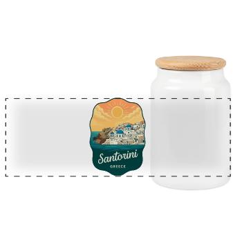Santorini Blue Domes Retro Sonnenuntergangsabzeichen - Panorama Keksdose mit Holzdeckel - Weiß - Vorne