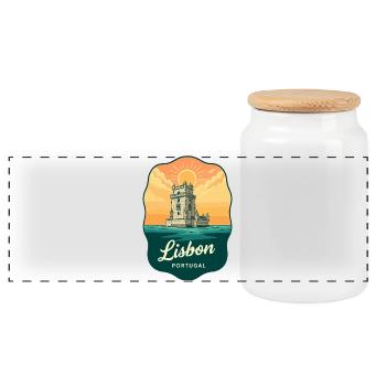Lisbon Belem Tower Vintage Travel Badge - Panoramic Cookie Jar with Wooden Lid - white - Front