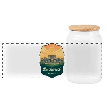 Bukarester Parlament Vintage Sunset Badge - Panorama Keksdose mit Holzdeckel - Weiß - Vorne