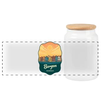 Bergen Bryggen Retro Sunset Reiseabzeichen - Panorama Keksdose mit Holzdeckel - Weiß - Vorne