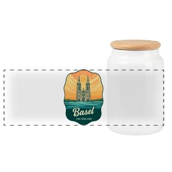 Basel Minster Retro Sunset Travel Badge - Panoramic Cookie Jar with Wooden Lid - white - Front