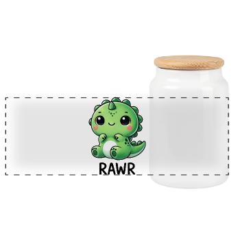 Cute Dino T-Rex Dinosaur Cartoon Chibi Roar - Panoramic Cookie Jar with Wooden Lid - white - Front