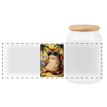 Cool Cat on Summer Vacation - Panoramic Cookie Jar with Wooden Lid - white - Front