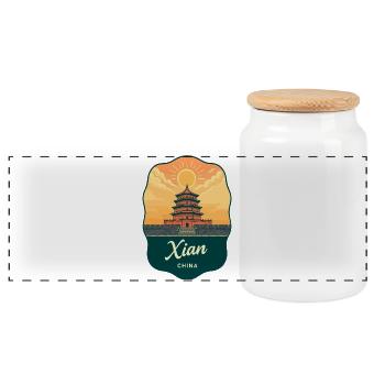 Xian Wild Goose Pagoda Vintage Travel Badge - Panoramic Cookie Jar with Wooden Lid - white - Front