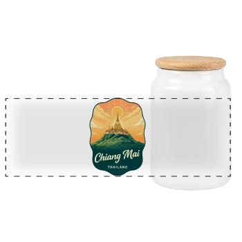 Chiang Mai Doi Suthep Retro Travel Badge - Panoramic Cookie Jar with Wooden Lid - white - Front