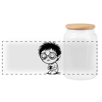Student Coffee Fatigue Blank Gaze Manga - Panoramic Cookie Jar with Wooden Lid - white - Front