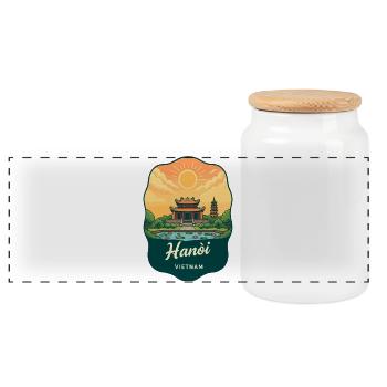 Hanoi Vietnam Vintage Sunset Travel Badge - Panoramic Cookie Jar with Wooden Lid - white - Front