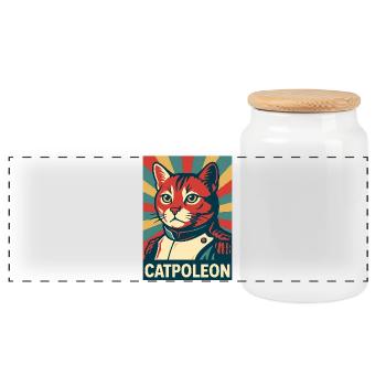 Catpoleon – Katze als Napoleon Retro Poster - Panorama Keksdose mit Holzdeckel - Weiß - Vorne