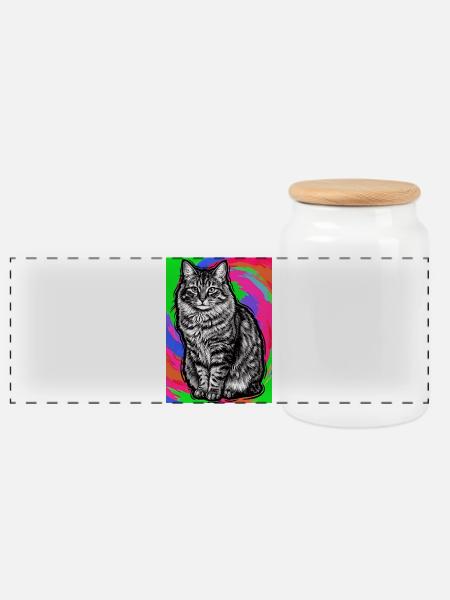cat - Panoramic Cookie Jar with Wooden Lid - white