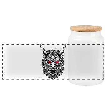 Masque Oni Portrait Rouge Japonais - Boîte à biscuits avec couvercle en bois - blanc - Devant