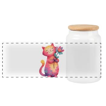 Colorful cat flower in watercolor style - Panoramic Cookie Jar with Wooden Lid - white - Front