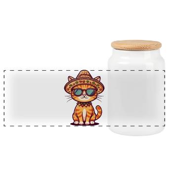 Katze Comic Lustig Sombrero - Panorama Keksdose mit Holzdeckel - Weiß - Vorne
