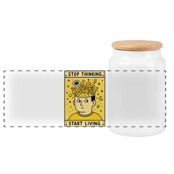 STOP THINKING. START LIVING. - Panorama Keksdose mit Holzdeckel - Weiß - Vorne