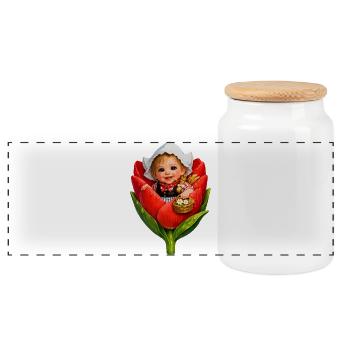 Baby in roter Tulpenblüte - Panorama Keksdose mit Holzdeckel - Weiß - Vorne