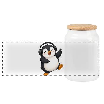 Mignon manchot dansant avec des écouteurs DJ de fête kawaii - Boîte à biscuits avec couvercle en bois - blanc - Devant
