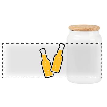 2 Flaschen Stoßen An (Bier / Limonade / POS 2C) - Panorama Keksdose mit Holzdeckel - Weiß - Vorne