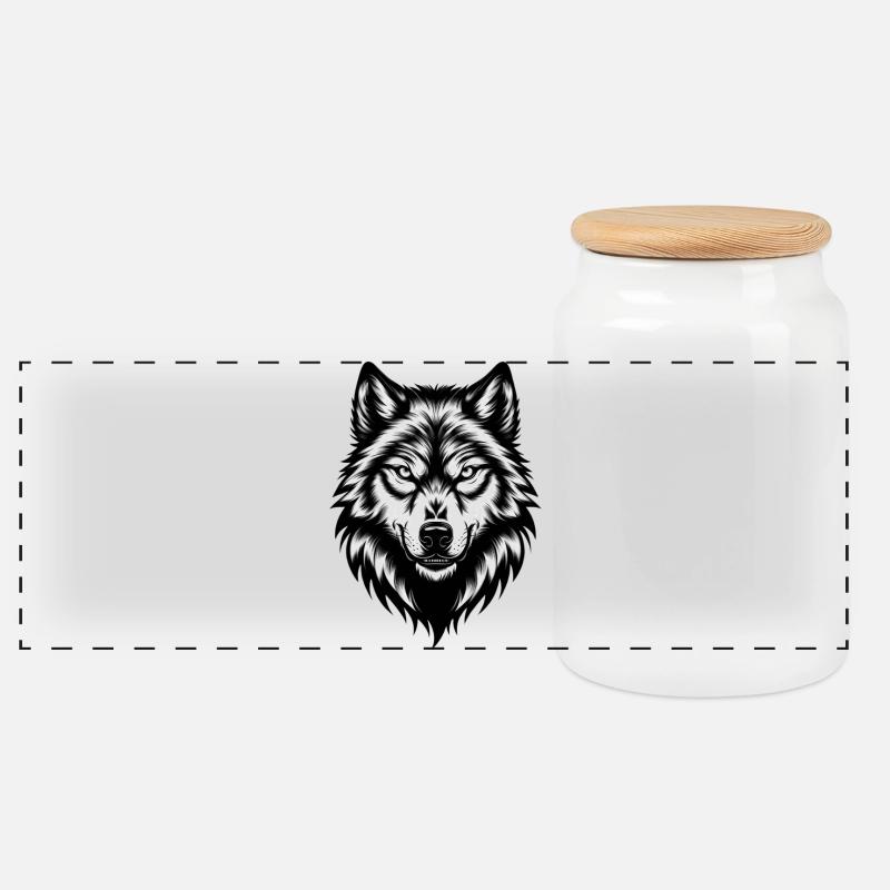 Wilder Wolfskopf – Black & White - Panorama Keksdose mit Holzdeckel - Weiß
