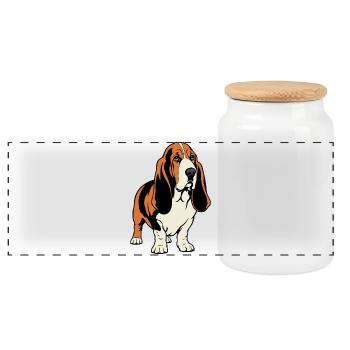 Basset-Hound_Hund_stehend_farbig - Panorama Keksdose mit Holzdeckel - Weiß - Vorne