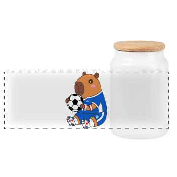 Capy Soccer Mascot Jersey -  Apparel Gifts  - Panoramic Cookie Jar with Wooden Lid - white - Front