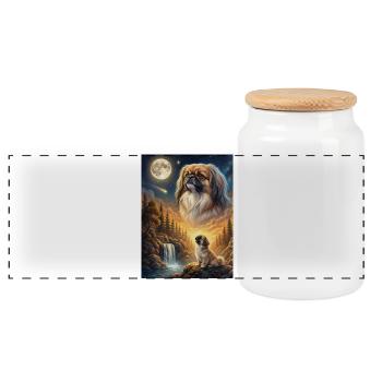 Howling to the Moon Meme Hund Pekingese - Panorama Keksdose mit Holzdeckel - Weiß - Vorne