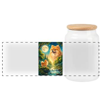 Howling to the Moon Meme Hund Zwergspitz - Panorama Keksdose mit Holzdeckel - Weiß - Vorne
