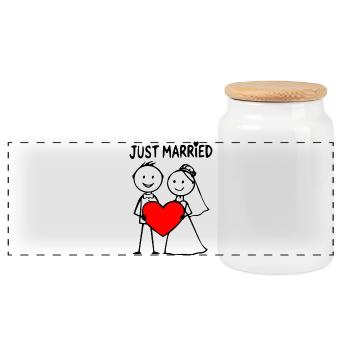 Wedding Couple Cartoon Heart Just Married - Panoramic Cookie Jar with Wooden Lid - white - Front
