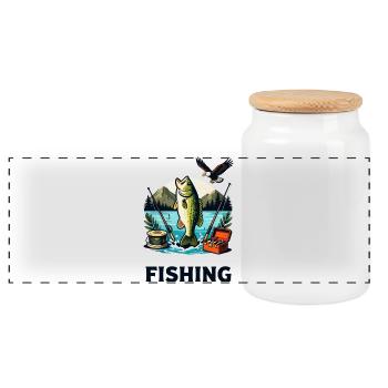 Lakeside Bass Splash Illustration - Panoramic Cookie Jar with Wooden Lid - white - Front
